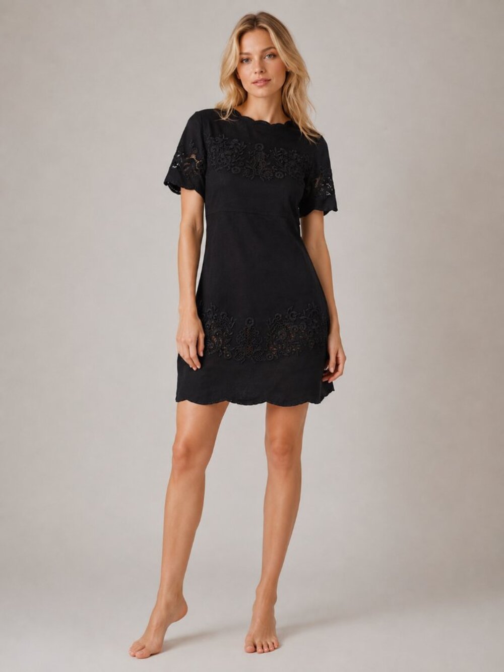 2/$30 ZARA Embroidered Faux Suede Tunic Dress M Black Scalloped Meshed #5213
